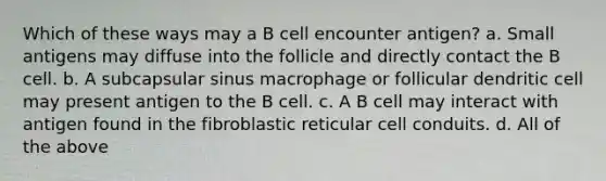 Which of these ways may a B cell encounter antigen? a. Small antigens may diffuse into the follicle and directly contact the B cell. b. A subcapsular sinus macrophage or follicular dendritic cell may present antigen to the B cell. c. A B cell may interact with antigen found in the fibroblastic reticular cell conduits. d. All of the above