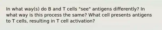 In what way(s) do B and T cells "see" antigens differently? In what way is this process the same? What cell presents antigens to T cells, resulting in T cell activation?