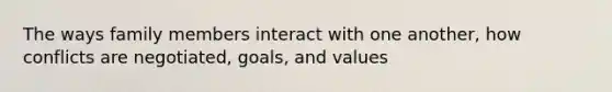 The ways family members interact with one another, how conflicts are negotiated, goals, and values