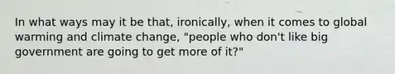 In what ways may it be that, ironically, when it comes to global warming and climate change, "people who don't like big government are going to get more of it?"