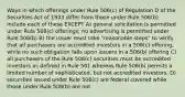 Ways in which offerings under Rule 506(c) of Regulation D of the Securities Act of 1933 differ from those under Rule 506(b) include each of these EXCEPT A) general solicitation is permitted under Rule 506(c) offerings; no advertising is permitted under Rule 506(b) B) the issuer must take "reasonable steps" to verify that all purchasers are accredited investors in a 506(c) offering, while no such obligation falls upon issuers in a 506(b) offering C) all purchasers of the Rule 506(c) securities must be accredited investors as defined in Rule 501 whereas Rule 506(b) permits a limited number of sophisticated, but not accredited investors. D) securities issued under Rule 506(c) are federal covered while those under Rule 506(b) are not