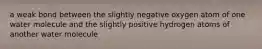 a weak bond between the slightly negative oxygen atom of one water molecule and the slightly positive hydrogen atoms of another water molecule