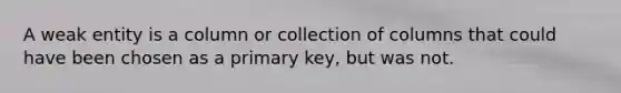 A weak entity is a column or collection of columns that could have been chosen as a primary key, but was not.