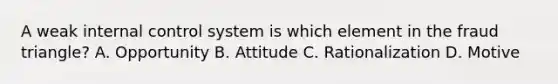 A weak internal control system is which element in the fraud​ triangle? A. Opportunity B. Attitude C. Rationalization D. Motive