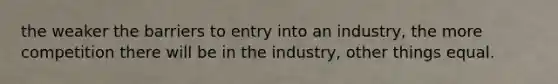 the weaker the barriers to entry into an industry, the more competition there will be in the industry, other things equal.