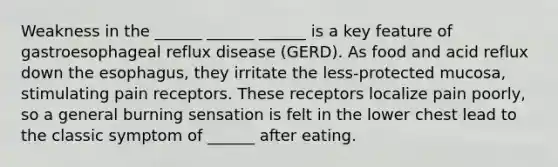 Weakness in the ______ ______ ______ is a key feature of gastroesophageal reflux disease (GERD). As food and acid reflux down the esophagus, they irritate the less-protected mucosa, stimulating pain receptors. These receptors localize pain poorly, so a general burning sensation is felt in the lower chest lead to the classic symptom of ______ after eating.