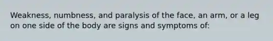 Weakness, numbness, and paralysis of the face, an arm, or a leg on one side of the body are signs and symptoms of: