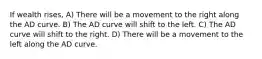 If wealth rises, A) There will be a movement to the right along the AD curve. B) The AD curve will shift to the left. C) The AD curve will shift to the right. D) There will be a movement to the left along the AD curve.