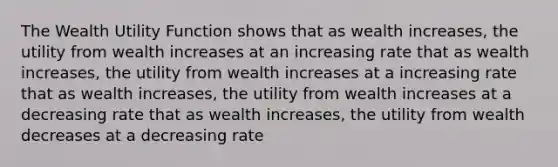 The Wealth Utility Function shows that as wealth increases, the utility from wealth increases at an increasing rate that as wealth increases, the utility from wealth increases at a increasing rate that as wealth increases, the utility from wealth increases at a decreasing rate that as wealth increases, the utility from wealth decreases at a decreasing rate