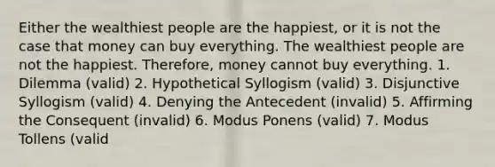 Either the wealthiest people are the happiest, or it is not the case that money can buy everything. The wealthiest people are not the happiest. Therefore, money cannot buy everything. 1. Dilemma (valid) 2. Hypothetical Syllogism (valid) 3. Disjunctive Syllogism (valid) 4. Denying the Antecedent (invalid) 5. Affirming the Consequent (invalid) 6. Modus Ponens (valid) 7. Modus Tollens (valid