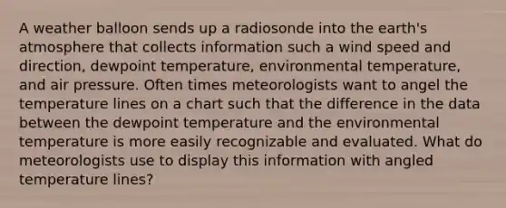 A weather balloon sends up a radiosonde into the <a href='https://www.questionai.com/knowledge/kRonPjS5DU-earths-atmosphere' class='anchor-knowledge'>earth's atmosphere</a> that collects information such a wind speed and direction, dewpoint temperature, environmental temperature, and air pressure. Often times meteorologists want to angel the temperature lines on a chart such that the difference in the data between the dewpoint temperature and the environmental temperature is more easily recognizable and evaluated. What do meteorologists use to display this information with angled temperature lines?