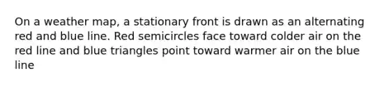 On a weather map, a stationary front is drawn as an alternating red and blue line. Red semicircles face toward colder air on the red line and blue triangles point toward warmer air on the blue line