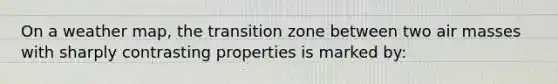 On a weather map, the transition zone between two air masses with sharply contrasting properties is marked by: