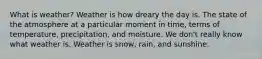 What is weather? Weather is how dreary the day is. The state of the atmosphere at a particular moment in time, terms of temperature, precipitation, and moisture. We don't really know what weather is. Weather is snow, rain, and sunshine.