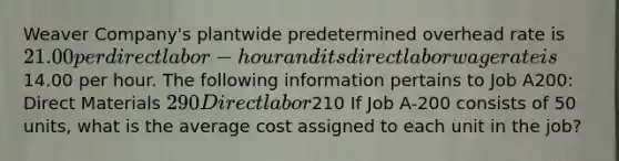 Weaver Company's plantwide predetermined overhead rate is 21.00 per direct labor-hour and its direct labor wage rate is14.00 per hour. The following information pertains to Job A200: Direct Materials 290 Direct labor210 If Job A-200 consists of 50 units, what is the average cost assigned to each unit in the job?