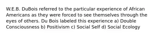 W.E.B. DuBois referred to the particular experience of African Americans as they were forced to see themselves through the eyes of others. Du Bois labeled this experience a) Double Consciousness b) Positivism c) Social Self d) Social Ecology