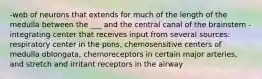 -web of neurons that extends for much of the length of the medulla between the ___ and the central canal of the brainstem -integrating center that receives input from several sources: respiratory center in the pons, chemosensitive centers of medulla oblongata, chemoreceptors in certain major arteries, and stretch and irritant receptors in the airway