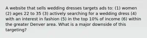 A website that sells wedding dresses targets ads to: (1) women (2) ages 22 to 35 (3) actively searching for a wedding dress (4) with an interest in fashion (5) in the top 10% of income (6) within the greater Denver area. What is a major downside of this targeting?