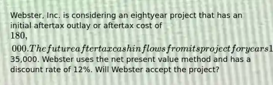 Webster, Inc. is considering an eightyear project that has an initial aftertax outlay or aftertax cost of 180,000. The future aftertax cash inflows from its project for years 1 through 8 are the same at35,000. Webster uses the net present value method and has a discount rate of 12%. Will Webster accept the project?