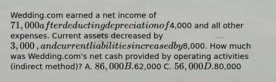 Wedding.com earned a net income of 71,000 after deducting depreciation of4,000 and all other expenses. Current assets decreased by 3,000​, and current liabilities increased by8,000. How much was Wedding.com's net cash provided by operating activities​ (indirect method)? A. 86,000 B.62,000 C. 56,000 D.80,000