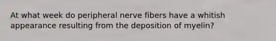 At what week do peripheral nerve fibers have a whitish appearance resulting from the deposition of myelin?