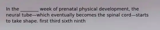 In the ________ week of prenatal physical development, the neural tube—which eventually becomes the spinal cord—starts to take shape. first third sixth ninth