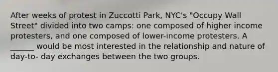 After weeks of protest in Zuccotti Park, NYC's "Occupy Wall Street" divided into two camps: one composed of higher income protesters, and one composed of lower-income protesters. A ______ would be most interested in the relationship and nature of day-to- day exchanges between the two groups.