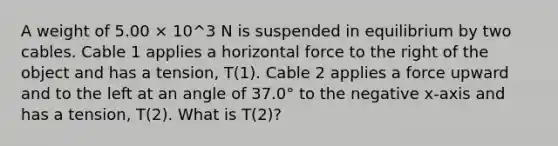 A weight of 5.00 × 10^3 N is suspended in equilibrium by two cables. Cable 1 applies a horizontal force to the right of the object and has a tension, T(1). Cable 2 applies a force upward and to the left at an angle of 37.0° to the negative x-axis and has a tension, T(2). What is T(2)?