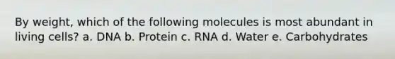 By weight, which of the following molecules is most abundant in living cells? a. DNA b. Protein c. RNA d. Water e. Carbohydrates