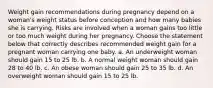 Weight gain recommendations during pregnancy depend on a woman's weight status before conception and how many babies she is carrying. Risks are involved when a woman gains too little or too much weight during her pregnancy. Choose the statement below that correctly describes recommended weight gain for a pregnant woman carrying one baby. a. An underweight woman should gain 15 to 25 lb. b. A normal weight woman should gain 28 to 40 lb. c. An obese woman should gain 25 to 35 lb. d. An overweight woman should gain 15 to 25 lb.