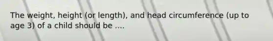The weight, height (or length), and head circumference (up to age 3) of a child should be ....