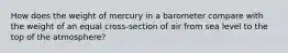 How does the weight of mercury in a barometer compare with the weight of an equal cross-section of air from sea level to the top of the atmosphere?