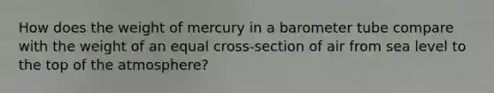 How does the weight of mercury in a barometer tube compare with the weight of an equal cross-section of air from sea level to the top of the atmosphere?