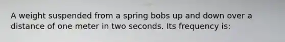 A weight suspended from a spring bobs up and down over a distance of one meter in two seconds. Its frequency is: