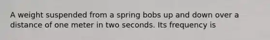 A weight suspended from a spring bobs up and down over a distance of one meter in two seconds. Its frequency is