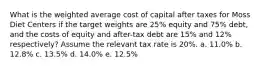 What is the weighted average cost of capital after taxes for Moss Diet Centers if the target weights are 25% equity and 75% debt, and the costs of equity and after-tax debt are 15% and 12% respectively? Assume the relevant tax rate is 20%. a. 11.0% b. 12.8% c. 13.5% d. 14.0% e. 12.5%