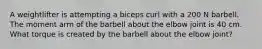 A weightlifter is attempting a biceps curl with a 200 N barbell. The moment arm of the barbell about the elbow joint is 40 cm. What torque is created by the barbell about the elbow joint?