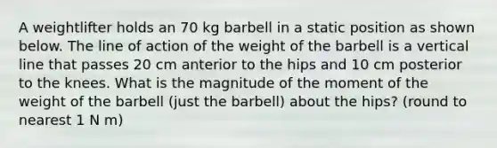 A weightlifter holds an 70 kg barbell in a static position as shown below. The line of action of the weight of the barbell is a vertical line that passes 20 cm anterior to the hips and 10 cm posterior to the knees. What is the magnitude of the moment of the weight of the barbell (just the barbell) about the hips? (round to nearest 1 N m)