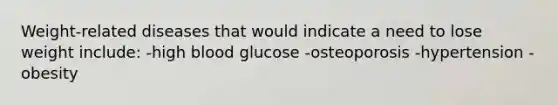 Weight-related diseases that would indicate a need to lose weight include: -high blood glucose -osteoporosis -hypertension -obesity