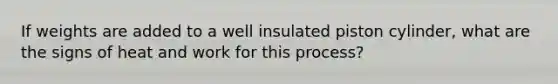 If weights are added to a well insulated piston cylinder, what are the signs of heat and work for this process?