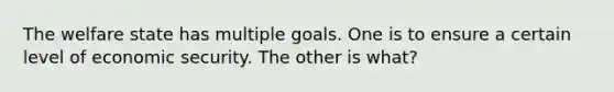 The welfare state has multiple goals. One is to ensure a certain level of economic security. The other is what?