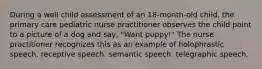 During a well child assessment of an 18-month-old child, the primary care pediatric nurse practitioner observes the child point to a picture of a dog and say, "Want puppy!" The nurse practitioner recognizes this as an example of holophrastic speech. receptive speech. semantic speech. telegraphic speech.