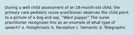 During a well child assessment of an 18-month-old child, the primary care pediatric nurse practitioner observes the child point to a picture of a dog and say, "Want puppy!" The nurse practitioner recognizes this as an example of what type of speech? a. Holophrastic b. Receptive c. Semantic d. Telegraphic