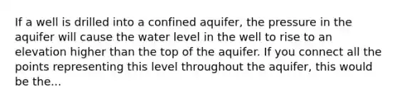 If a well is drilled into a confined aquifer, the pressure in the aquifer will cause the water level in the well to rise to an elevation higher than the top of the aquifer. If you connect all the points representing this level throughout the aquifer, this would be the...