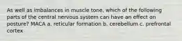 As well as imbalances in muscle tone, which of the following parts of the central nervous system can have an effect on posture? MACA a. reticular formation b. cerebellum c. prefrontal cortex