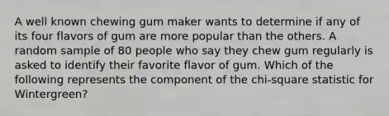 A well known chewing gum maker wants to determine if any of its four flavors of gum are more popular than the others. A random sample of 80 people who say they chew gum regularly is asked to identify their favorite flavor of gum. Which of the following represents the component of the chi-square statistic for Wintergreen?