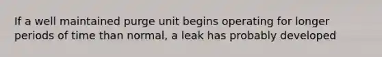 If a well maintained purge unit begins operating for longer periods of time than normal, a leak has probably developed