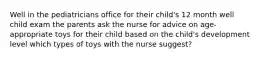 Well in the pediatricians office for their child's 12 month well child exam the parents ask the nurse for advice on age-appropriate toys for their child based on the child's development level which types of toys with the nurse suggest?