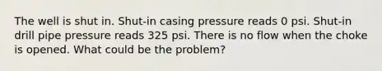 The well is shut in. Shut-in casing pressure reads 0 psi. Shut-in drill pipe pressure reads 325 psi. There is no flow when the choke is opened. What could be the problem?