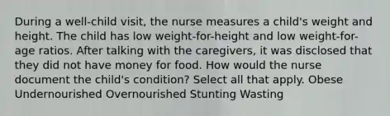 During a well-child visit, the nurse measures a child's weight and height. The child has low weight-for-height and low weight-for-age ratios. After talking with the caregivers, it was disclosed that they did not have money for food. How would the nurse document the child's condition? Select all that apply. Obese Undernourished Overnourished Stunting Wasting